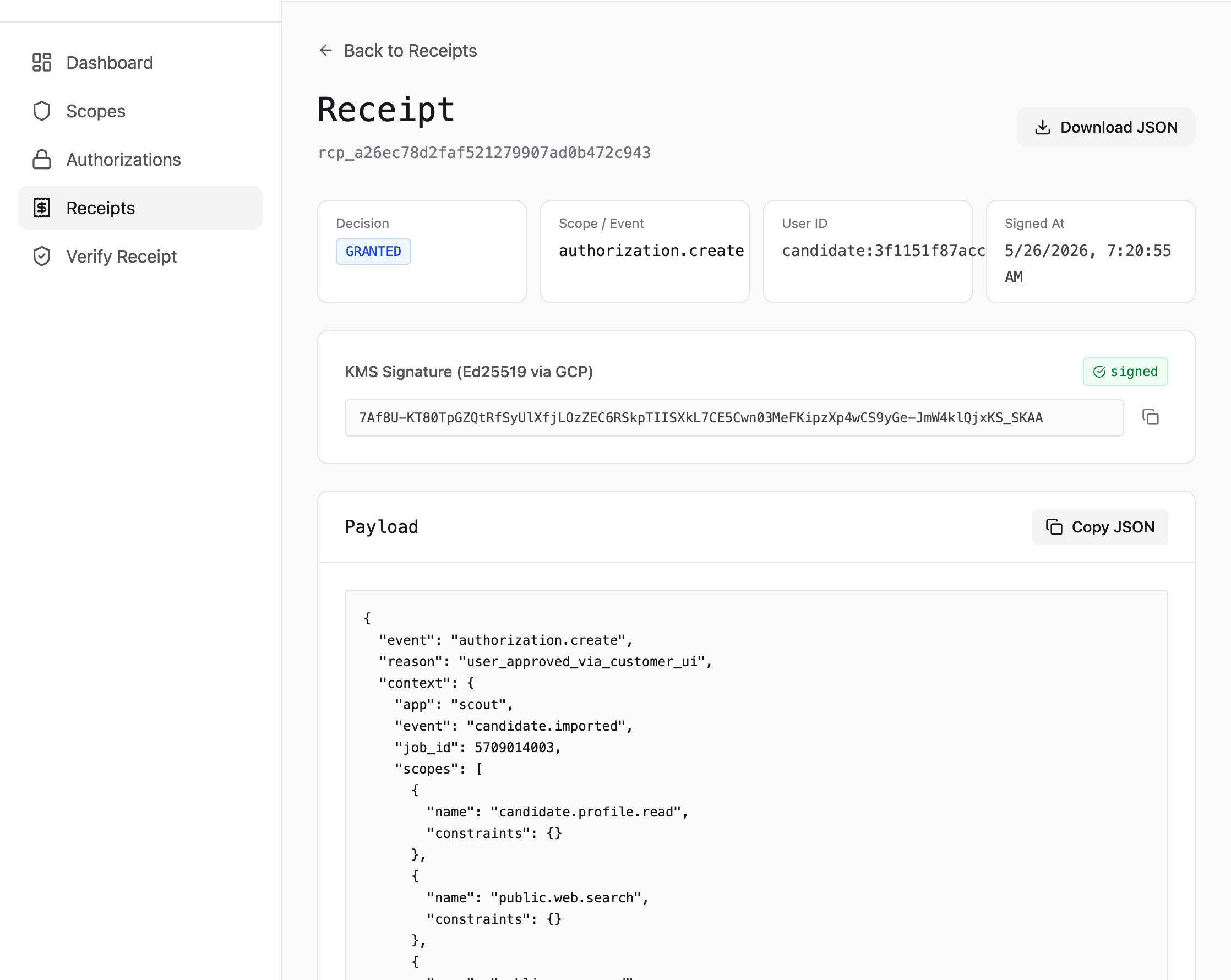 Allowly Receipt screen showing a granted decision, signature, and JSON payload