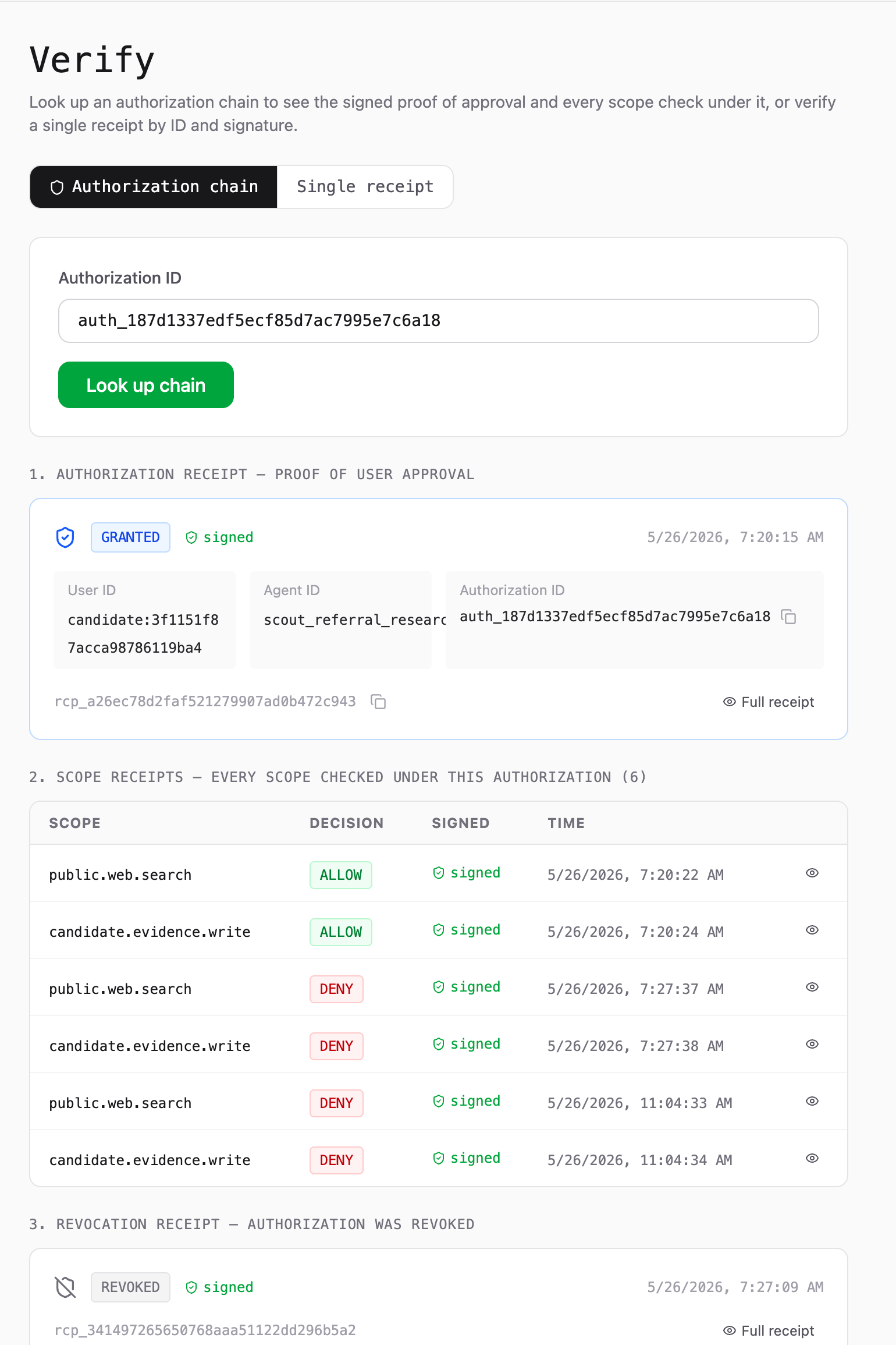 Allowly Verify screen showing signed authorization and scope receipt decisions